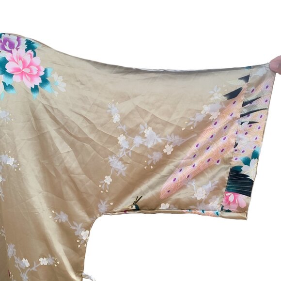 Peacock Kimono Bat Wing Sleeves Golden Beige Orchids Floral No Belt Size XL - Picture 4 of 12